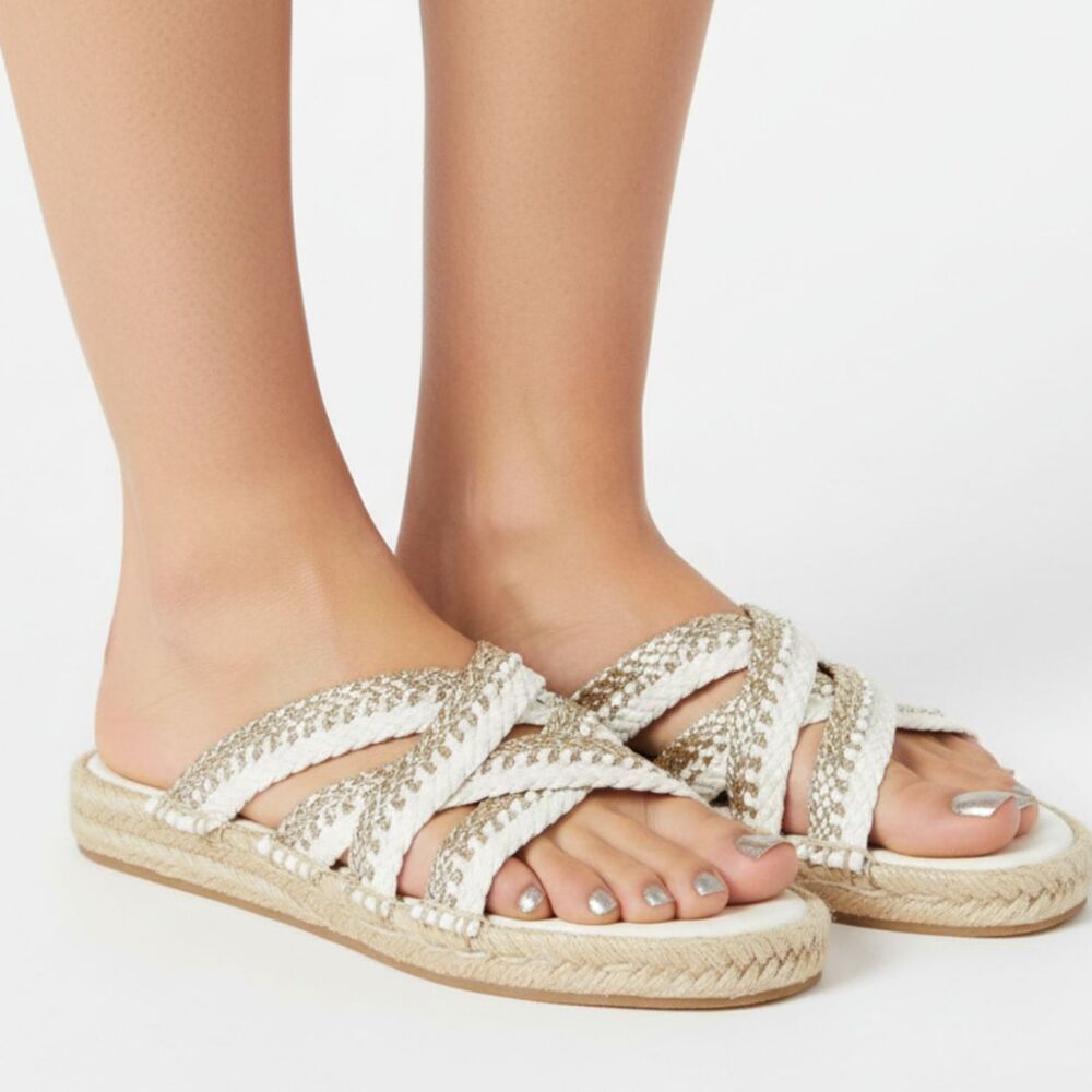 Donald Pliner Ivory & Silver‎ Braided Strappy Espadrill Side Sandal Shoes 9